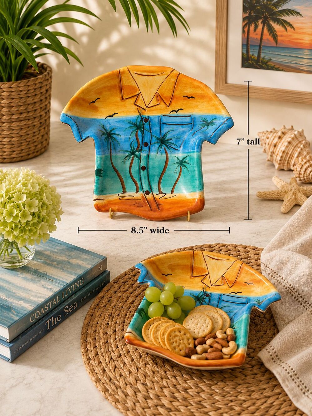 Clay Art Hawaiian Shirt Serving Dish Tropical Palm Tree Ceramic 8.5" Decor